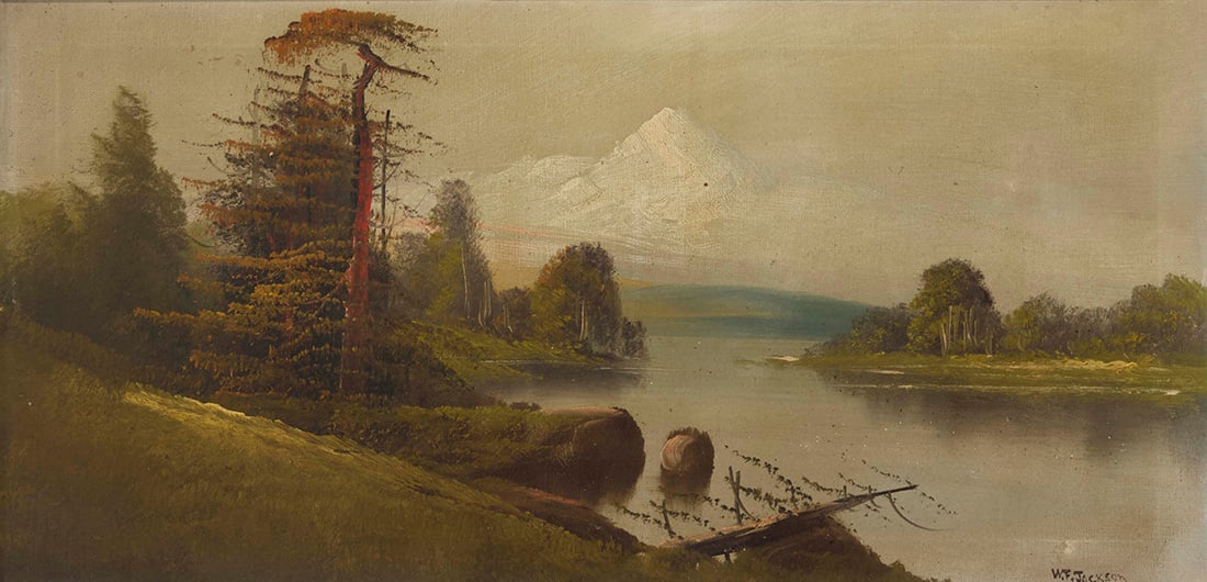 William Franklin Jackson (1850-1936), Lakeside landscape: William Franklin Jackson (1850-1936) Lakeside landscape Oil on canvas Signed lower right: W.F. Jackson 12" H x 24" W