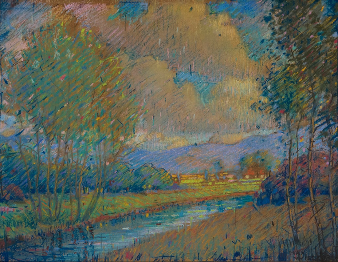Max Wieczorek (1863-1955), Stream through a landscape: Max Wieczorek (1863-1955) Stream through a landscape Pastel on board Signed lower right: Max Wieczorek Sight: 9.5" H x 12.5" W Provenance: Private collection, acquired directly from the artist,