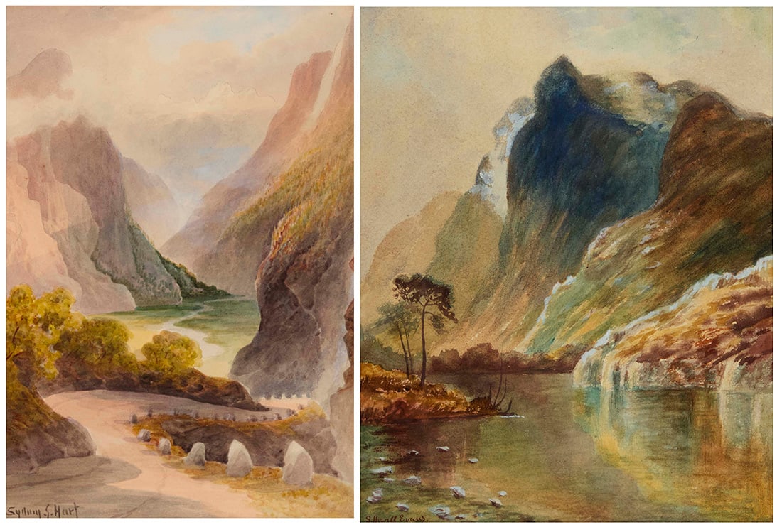 Two early 20th Century California Watercolors: Two early 20th Century California Watercolors Two works: Sydney Ernest Hart (1867-1921) Road through a canyon landscape Signed lower left: Sydney S. Hart Watercolor on paper Sight: 9.5" H x 6.5" W 