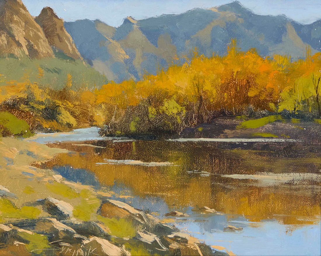 Gabor Svagrik (b. 1970), "Almost Winter": Gabor Svagrik (b. 1970) "Almost Winter" Oil on panel With the incised signature lower left: Svagrik; signed again and titled in ink, verso 8" H x 10" W