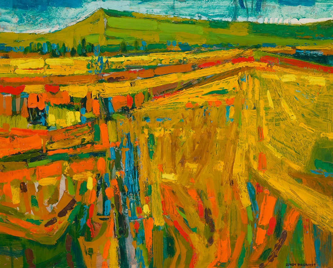 Lundy Siegriest (1925-1985), "Spring Meadow": Lundy Siegriest (1925-1985) "Spring Meadow" Oil on Masonite Signed lower right: Lundy Siegriest; signed again, titled, and inscribed with the artist's address, all verso 16" H x 20" W