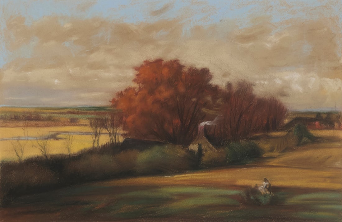 In the Style of George Inness Jr. (1854-1926), Autumn pastoral landscape: In the Style of George Inness Jr. (1854-1926) Autumn pastoral landscape Pastel on paper Bears signature faintly lower left: G. Inness Sight: 16.625" H x 20.25" W