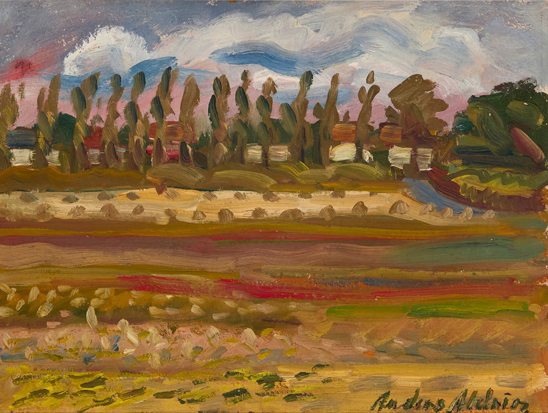 Anders Gustave Aldrin (1889-1970), "Kassl Germany," [sic] 1951: Anders Gustave Aldrin (1889-1970) "Kassl Germany," [sic] 1951 Oil on board Signed lower right: Anders Aldrin; signed and dated in ink, possibly in another hand on a label affixed to the frame's