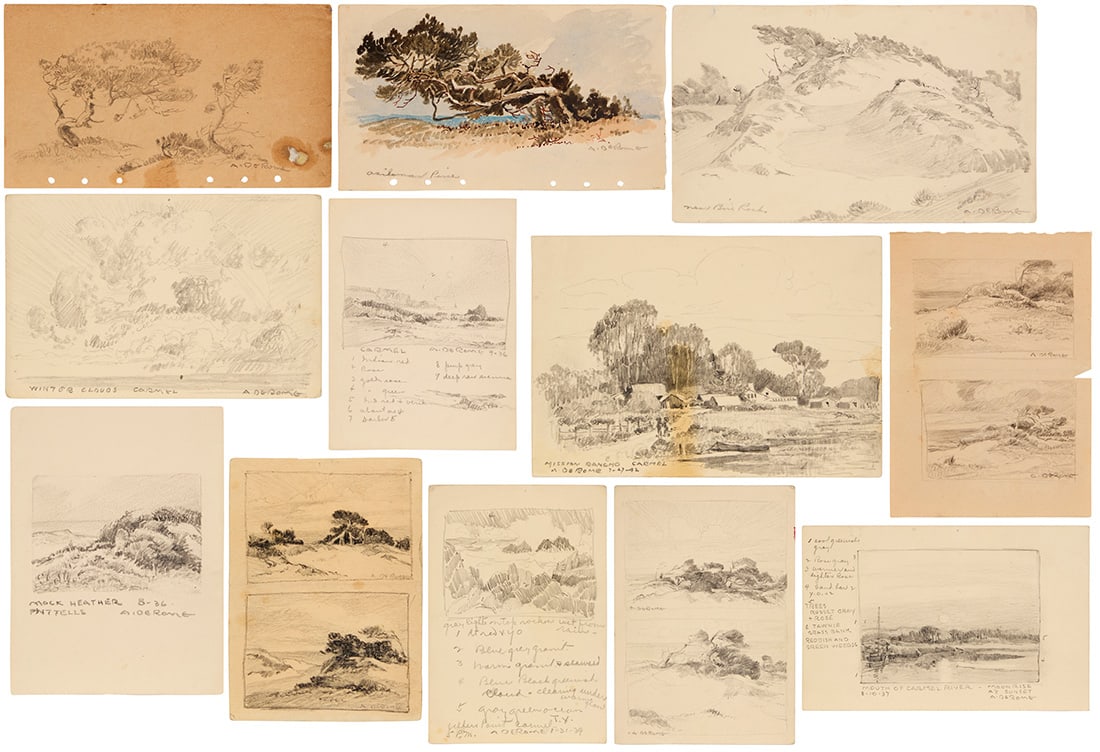 Albert Thomas De Rome (1885-1959): Albert Thomas De Rome (1885-1959) Twelve works: "Asilomar Pines" Pencil on paper Signed lower right: A. De Rome; titled verso Sheet: 4.25" H x 7.375" W "Asilomar Pine"; Tree studies (double sided)
