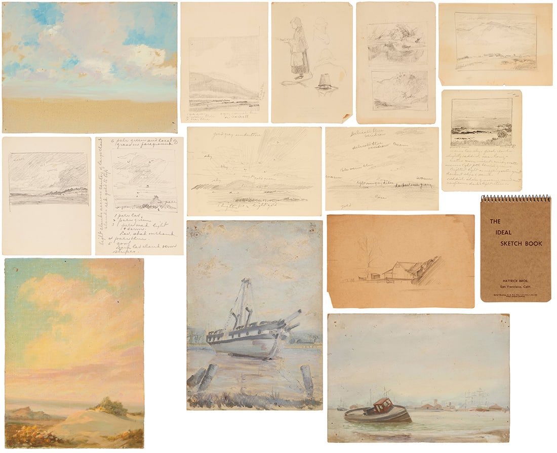 Albert Thomas De Rome (1885-1959): Albert Thomas De Rome (1885-1959) Fifteen works: Cloud study Oil on unstreched canvas Unsigned 6.125" H x 8.125" W Distant bay with hills Pencil on paper Unsigned; inscribed lower left, lower