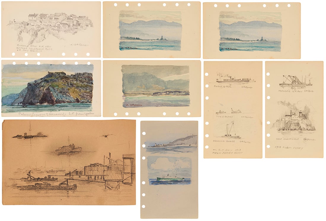 Albert Thomas De Rome (1885-1959): Albert Thomas De Rome (1885-1959)Nine works:"Rincoln [sic] Hill, San Francisco, Before Telephone Building or Bay Bridge," 1921Pencil on paperSigned, titled, and dated in pencil along the lower edge: A