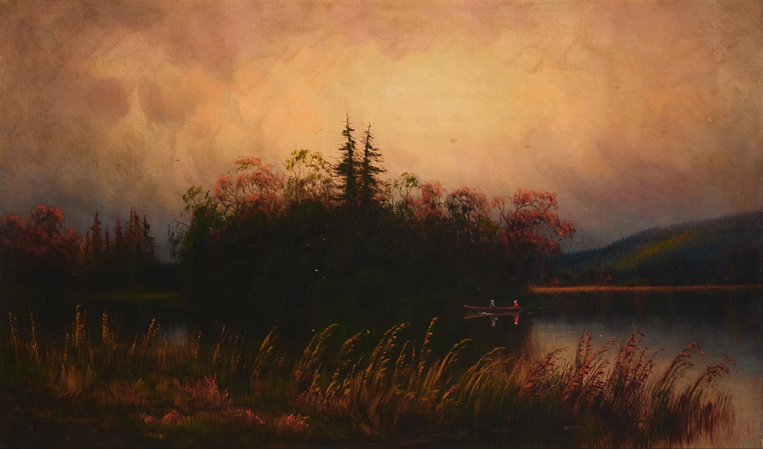 James Everett Stuart (1852-1941), Men boating on a lake, 1909: James Everett Stuart (1852-1941) Men boating on a lake, 1909 Oil on canvas laid to waxed canvas Signed, dated, and numbered lower left: J.E. Stuart / Dec. 17, 1909 / 1547 18" H x 30" W