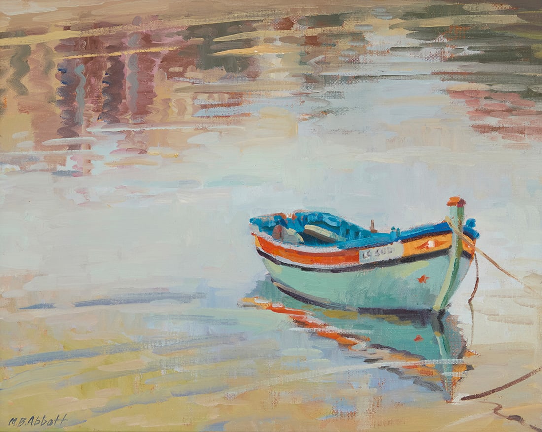 Meredith Brooks Abbott (b. 1938), "Skiff and Reflections, Portugal," 1989: Meredith Brooks Abbott (b. 1938) "Skiff and Reflections, Portugal," 1989 Oil on linen Signed lower left: M.B. Abbott; titled, dated, and inscribed in blue ink, verso: "May - 1989 / Riba de Bensafrim,