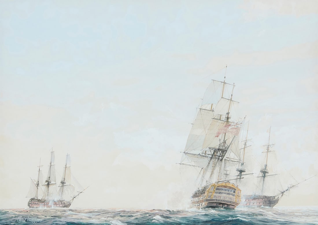 Christopher Mayger (1919-1994), "Ships in Battle (Lysander)": Christopher Mayger (1919-1994) "Ships in Battle (Lysander)" Watercolor and gouache on paper Signed lower left: Chris Mayger; titled by repute Sight: 15.25" H x 21.5" W Provenance: From the