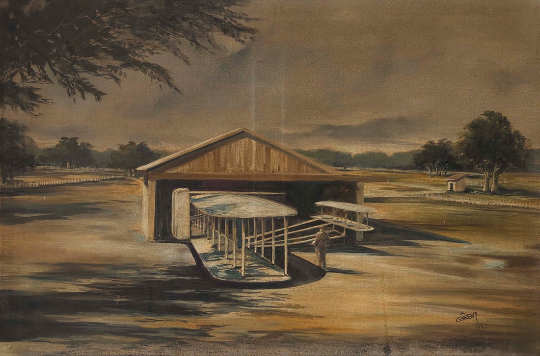 Mid 20th Century Aviation Art: Mid 20th Century Aviation Art Airplane hangar, 1945 Oil on canvas Signed and dated lower right: A. Caesar / '45 23.75" H x 35.25" W