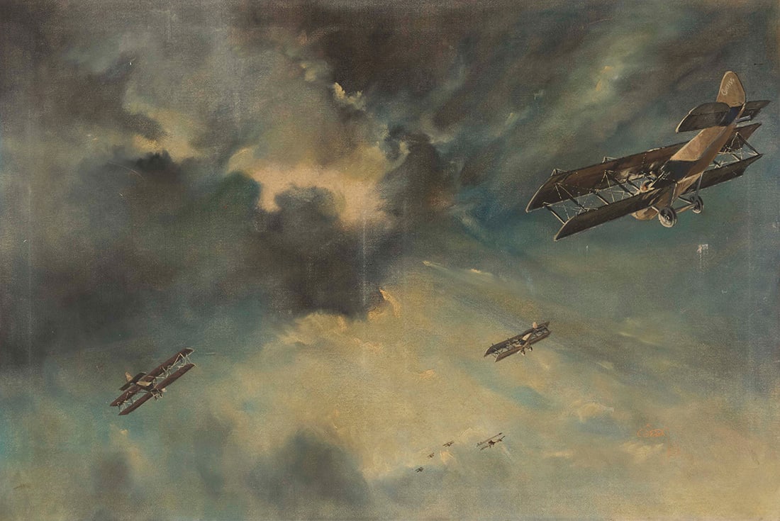Mid 20th Century Aviation Art: Mid 20th Century Aviation Art WWII Planes in flight, 1945 Oil on canvas Signed and dated lower right: A. Caesar / '45 23.75" H x 35.5" W