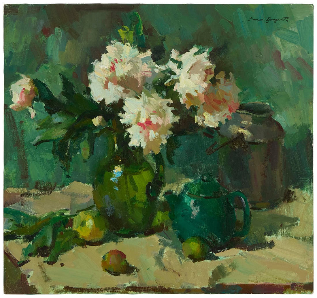 Sergei Bongart (1918-1985), Floral still life in green: Sergei Bongart (1918-1985) Floral still life in green Oil on canvas Signed upper right: Sergei Bongart 30" H x 32" W Provenance: The Estate of Sergei Bongart