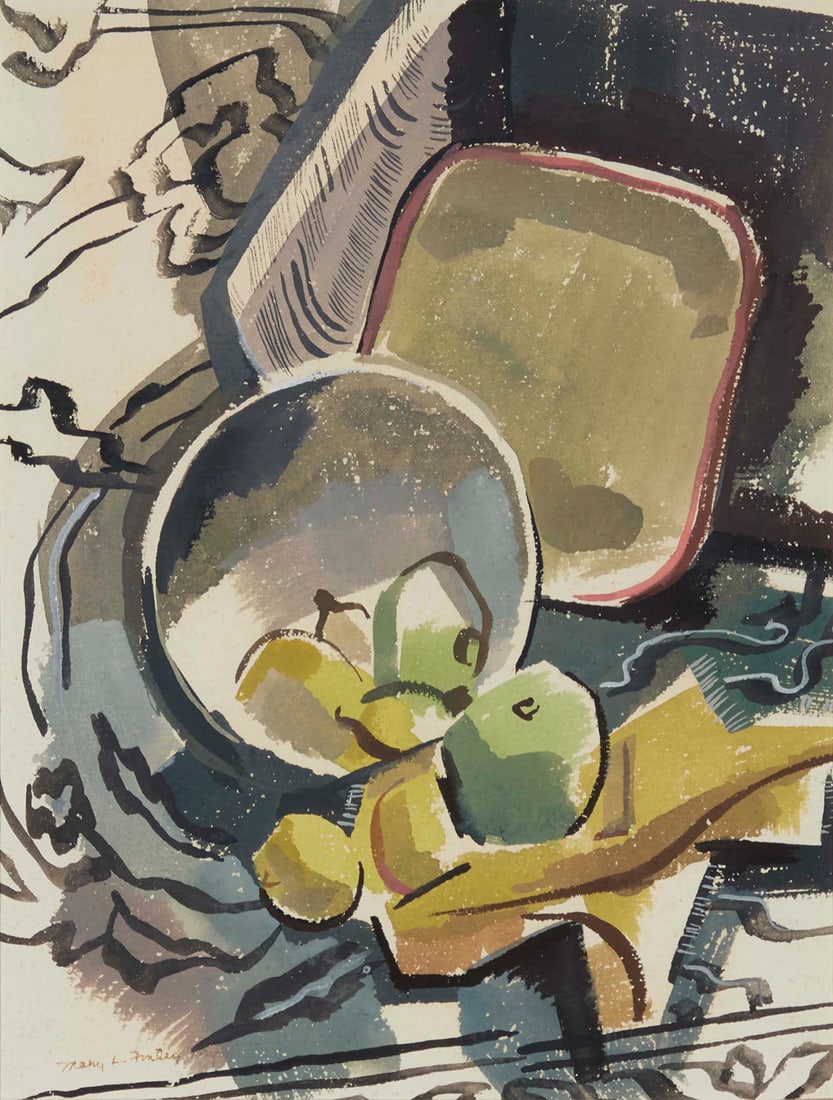Mary Louise Finley Fry (1908-1964), Modernist still life with fruit and reflective bowl, circa: Mary Louise Finley Fry (1908-1964) Modernist still life with fruit and reflective bowl, circa 1940-55 Watercolor on paper Signed lower left: Mary L. Finley; signed again and numbered in delicate