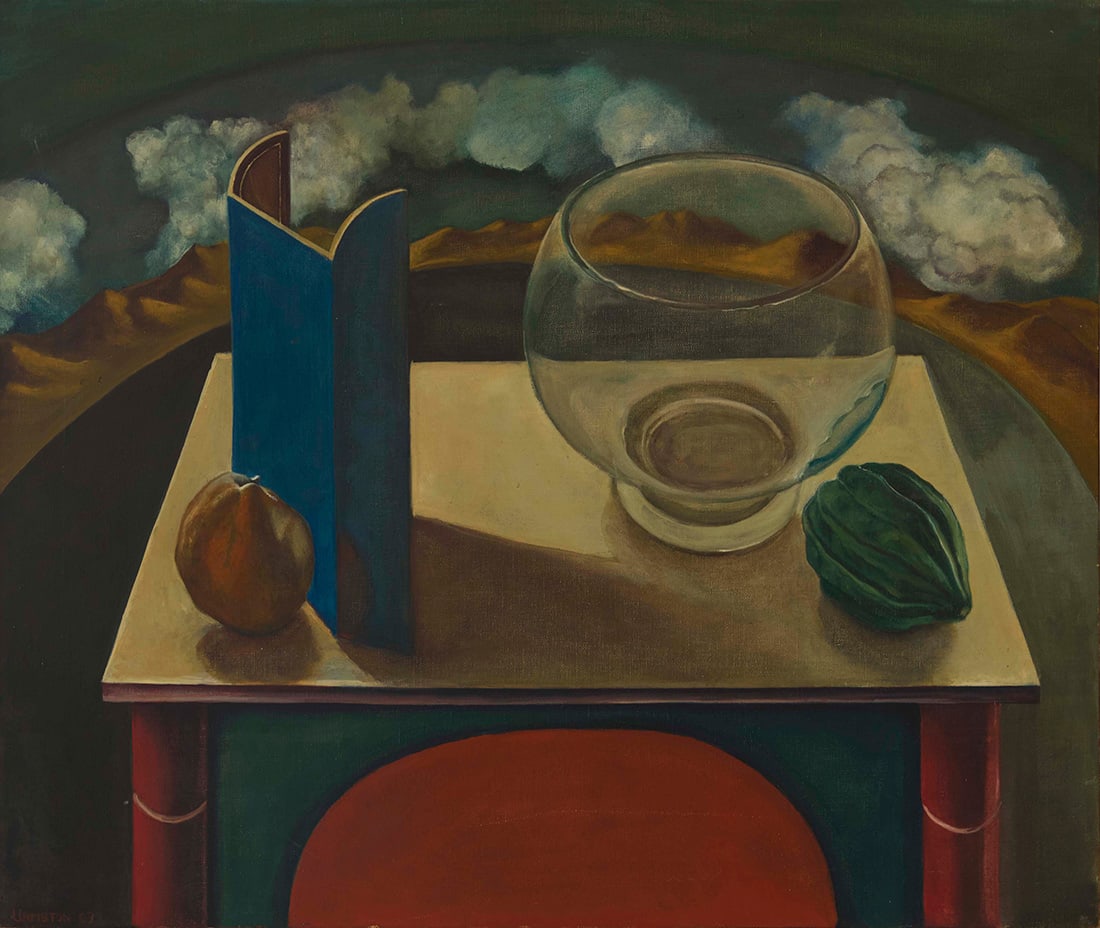 James Urmston (1932-2025), "Still Life with Pear," 1963: James Urmston(1932-2025)"Still Life with Pear," 1963Oil on canvasSigned and dated lower left: Urmston 63; titled in ink on a gallery label affixed to the frame's verso22" H x 26" W Provenance: