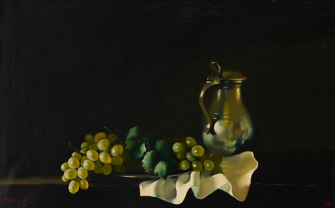 Michael W. Huggins (b. 1927), Still life with pitcher and grapes: Michael W. Huggins(b. 1927)Still life with pitcher and grapesOil on canvasSigned and with the artist's "MWH" monogram in the lower left and right, respectively: M.W. Huggins; inscribed on the verso an
