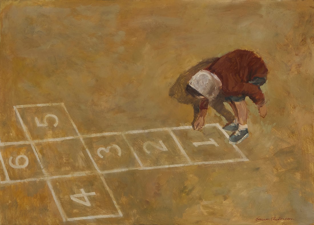 Gunnar Donald Anderson (1927-2022), Child playing hopscotch: Gunnar Donald Anderson(1927-2022)Child playing hopscotchOil on MasoniteSigned lower right: Gunnar Anderson25" H x 35" W