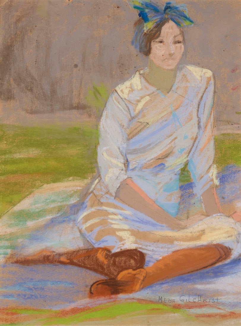 Meda Gilchrist (1888-1953), Seated woman, circa 1940: Meda Gilchrist(1888-1953)Seated woman, circa 1940Pastel on cardboardSigned lower right: Meda Gilchrist; dated by reputeSight: 11.5" H x 8.25" W Provenance:Triton Museum of Art, Santa Clara
