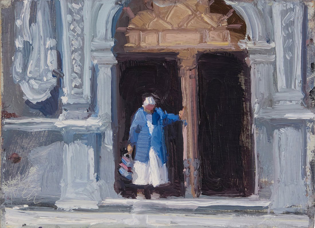 Ken Auster (1949-2016), Woman leaving a European church: Ken Auster(1949-2016)Woman leaving a European churchOil on panelWith the incised signature lower left: Auster6" H x 8" W