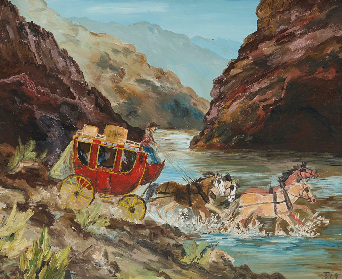 20th Century American Folk Art School: 20th Century American Folk Art School"Crossing at Oak Creek Falls," 1969Oil on canvasboardSigned with an indistinct monogram and dated lower right: 69; indistinctly signed and titled verso; with an in