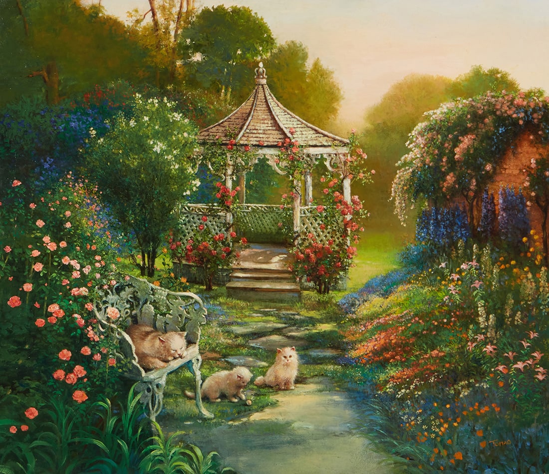 Jennie Tomao (1934-2011), Cats in a garden: Jennie Tomao(1934-2011)Cats in a gardenOil on boardSigned lower right: Tomao13" H x 15" W