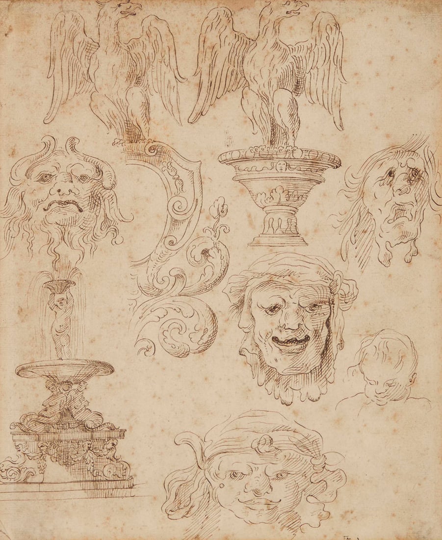 16th/17th Century architectural drawing: 16th/17th Century architectural drawing Birds, fountains, and heads Ink on paper Stamped with indistinct initials lower right: [possibly] AL Sight: 9.5" H x 7.5" W