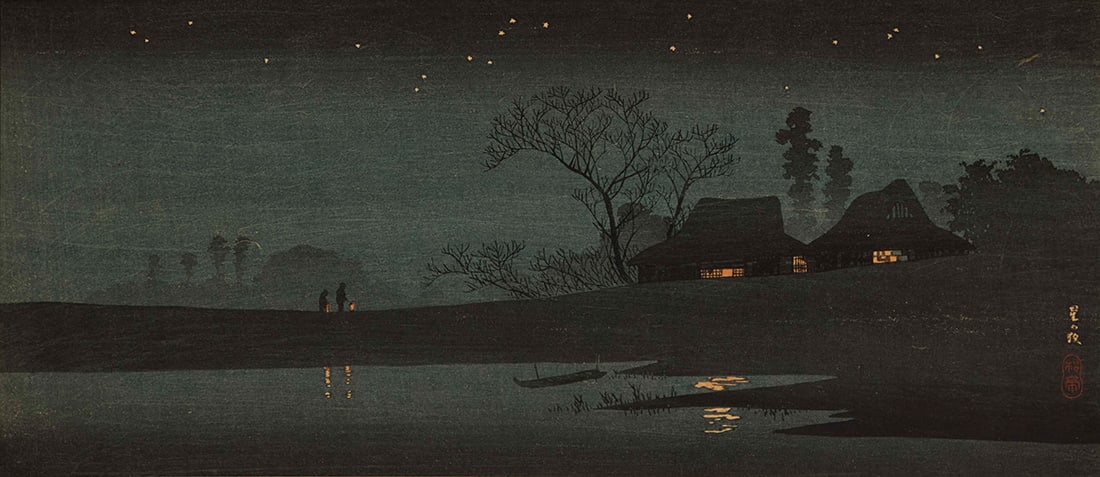 Hiroaki Takahashi (1871-1944), "Starry Night (Hoshi no yoru)," circa 1926-1927: Hiroaki Takahashi (1871-1944) "Starry Night (Hoshi no yoru)," circa 1926-1927 Woodcut in colors on paper laid to board From the edition of unknown size With the two separate sets of Japanese
