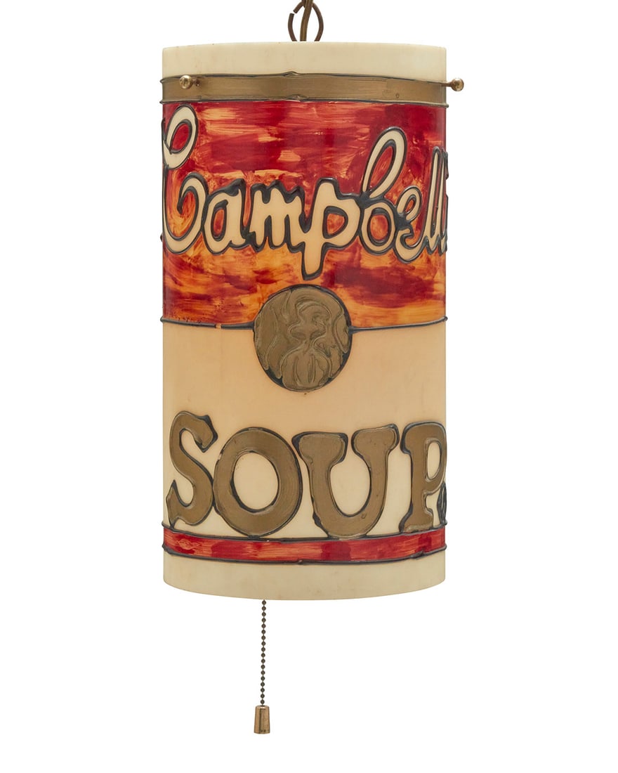 A Warhol-style Campbell's soup can pendant lamp: A Warhol-style Campbell's soup can pendant lampMid-20th centuryUnmarkedThe single-light lamp with puff paint on acrylic shade, electrifiedCan: 15" H x 8.75" Dia.; Chain: 28" L approx.
