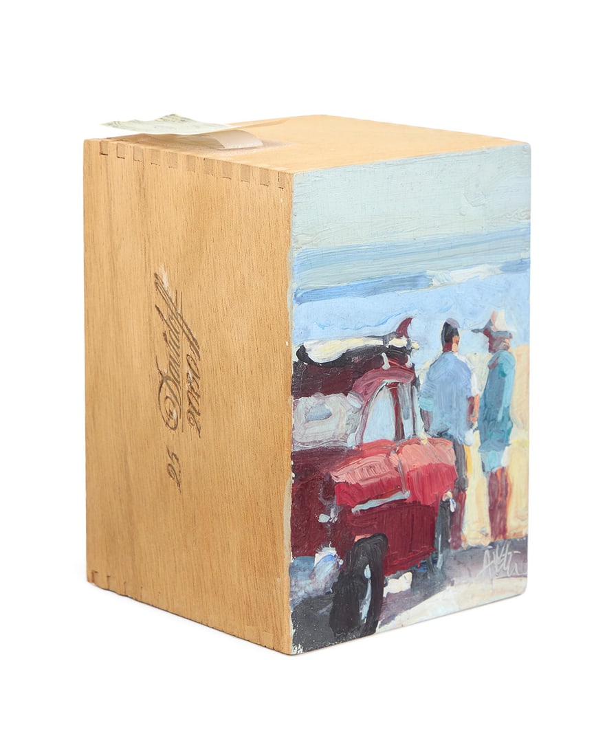 Ken Auster (1949-2016), Seaside Surfers: Ken Auster (1949-2016) Seaside Surfers Oil on cigar box Signed with incised signature lower right: Auster Image: 5.5" H x 3.75" W; Box: 3.75" D Provenance: Private collection, Nevada, acquired from