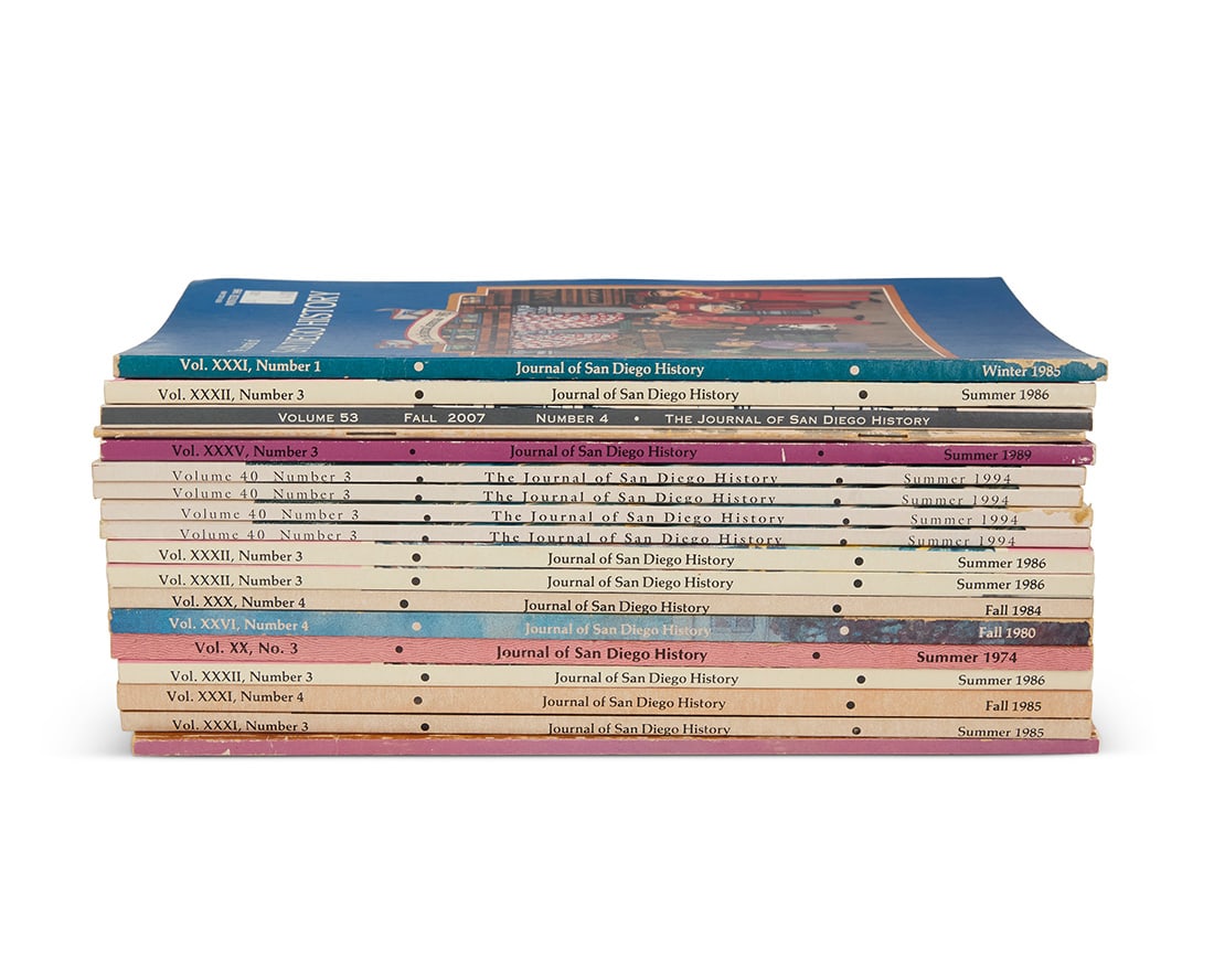 A group of "Journal of San Diego History" softcover books: A group of "Journal of San Diego History" softcover books Issues dating between 1974 and 2007 Published by the San Diego Historical Society, with various contributors 18 journals Each: 10" H x 6.75"