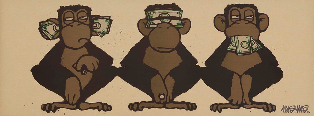 Mau Mau (21st Century), Three Monkeys: Mau Mau(21st Century)Three MonkeysLithograph in colors on recycled card stock paperWith the printed signature in the image: Mau MauImage: 11" H x 25.5" W; Sight: 12" H x 31.75" W