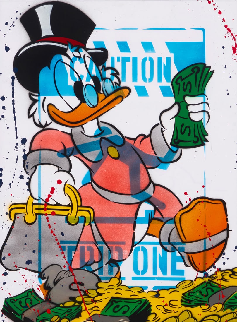 Trip One (21st Century), Caution (Scrooge McDuck): Trip One(21st Century)Caution (Scrooge McDuck)Spray paint and stencil on canvasAppears unsignedSight: 23.75" H x 17.75" W Other notes:Chicago emerging artist Trip One derives his stencil-b