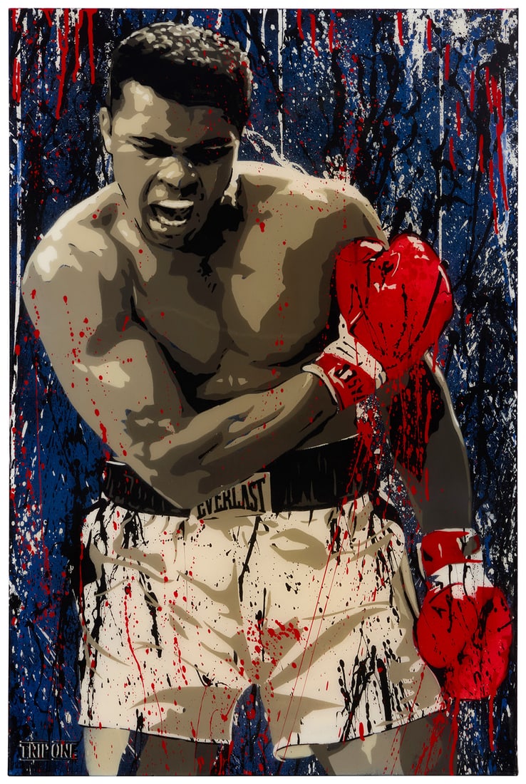 Trip One (21st Century), Muhammad Ali: Trip One(21st Century)Muhammad AliStencil and mixed media on canvasSigned with the stenciled signature lower left: Trip One; signed again, in ink, verso: Trip36" H x 24" W Other notes:Chic