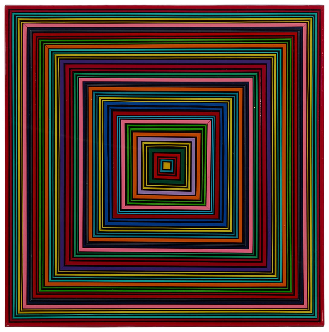 Mauro Oliveira (20th/21st Century), "Rainbow Epicenter I": Mauro Oliveira(20th/21st Century)"Rainbow Epicenter I"Mixed media on wood panelSigned verso: Mauro Oliveira24.25" H x 23.875" W