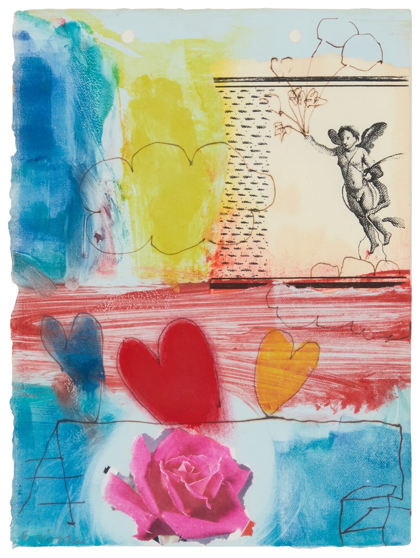 Gustavo Ramos Rivera (b. 1940), "Triumph of Love," 1994: Gustavo Ramos Rivera (b. 1940) "Triumph of Love," 1994 Monotype and collage with embellishments in ink on paper Signed in pencil lower left: G. Rivera Image/Sheet: 9" H x 6.5" W Provenance: Triton
