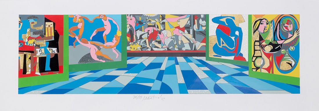 Ugo Nespolo (b. 1941), "Museo del Novecento": Ugo Nespolo (b. 1941) "Museo del Novecento" Screenprint in colors with mixed media and collage on paper Edition: 36/99 Signed and numbered in pencil in the lower margin: Nespolo Image: 10" H x 35" W;