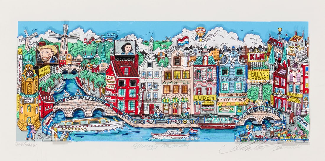 Charles Fazzino (b. 1955), "Alluringly Amsterdam": Charles Fazzino (b. 1955) "Alluringly Amsterdam" Screenprint in colors with mixed media hand embellishments on 3-D white museum board construction Edition: 364/400 DX Signed and numbered in pencil,