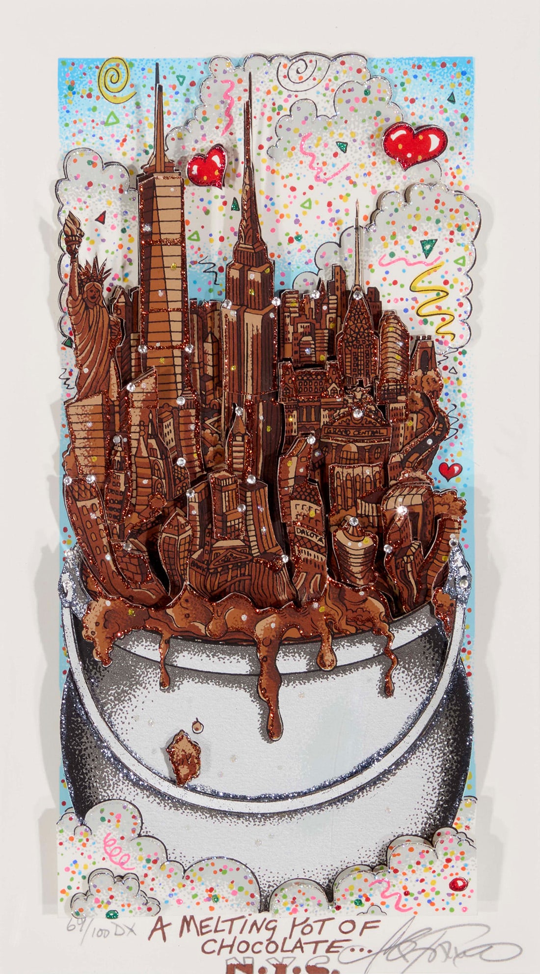 Charles Fazzino (b. 1955), "A Melting Pot of Chocolate...NYC," 2016: Charles Fazzino (b. 1955) "A Melting Pot of Chocolate...NYC," 2016 Screenprint in colors with mixed media hand embellishments on 3-D white museum board construction Edition: 69/100 DX Signed and
