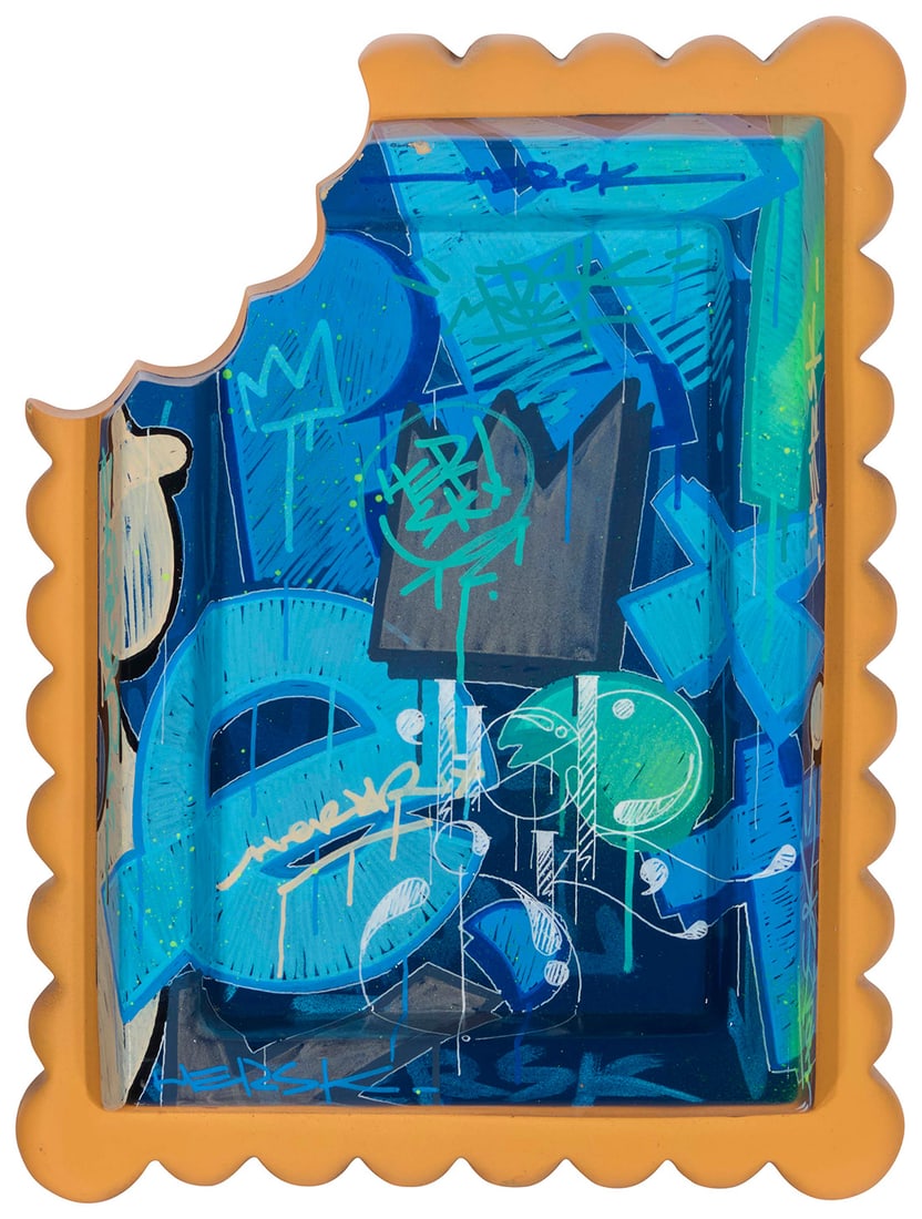 HeRsk (b. 1979): HeRsk (b. 1979) "Something to Crunch #35," 2023 Acrylic and spray paint on resin Signed, titled, and dated to underside: HeRsk / 2023; variously signed again on the front of the work 15" H x 11.25" W