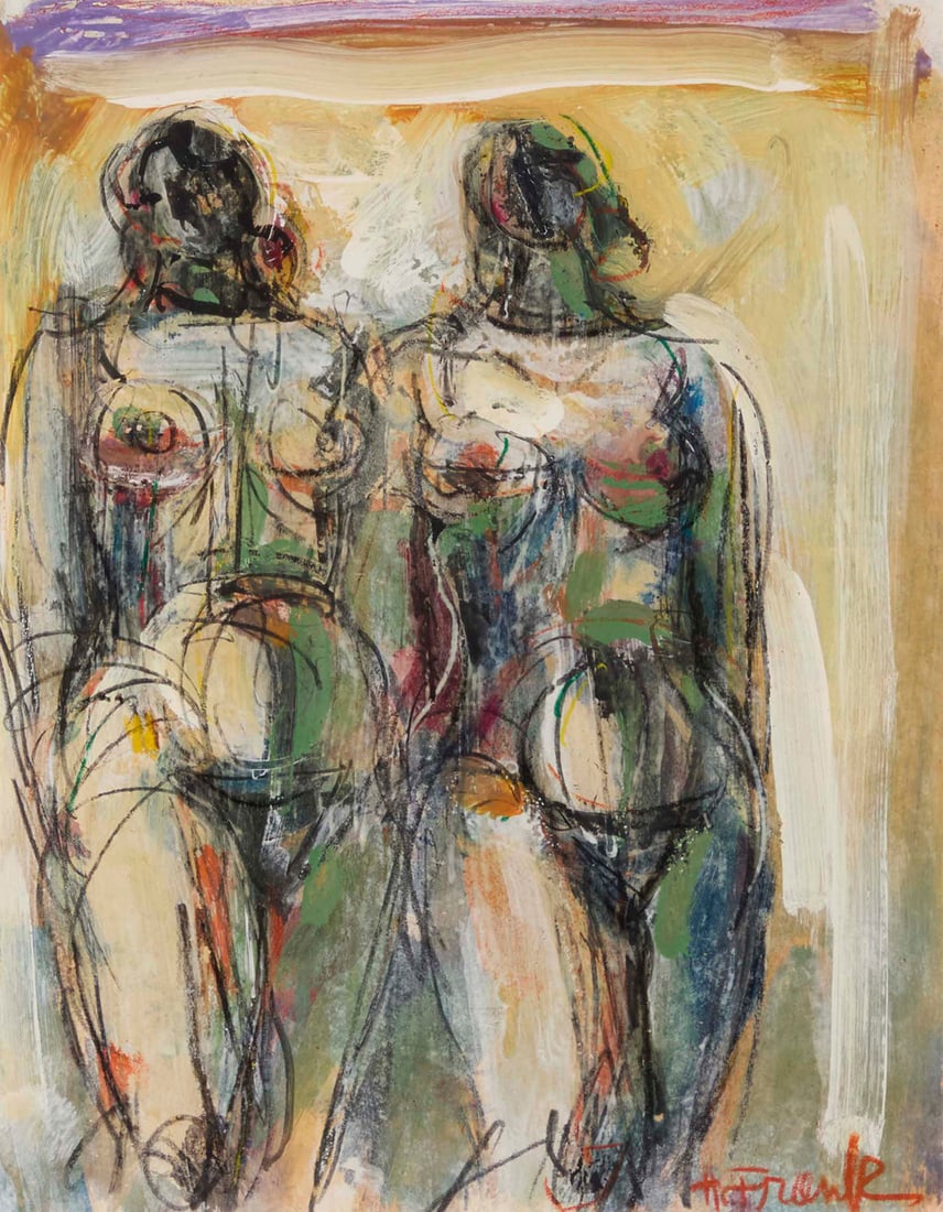 Harold Frank (1917-1995), "Two Figures #106": Harold Frank (1917-1995) "Two Figures #106" Acrylic on paper Signed lower right: H. Frank; titled in ink on a gallery label affixed to the frame's backing paper Sight: 10.625" H x 8.25" W 