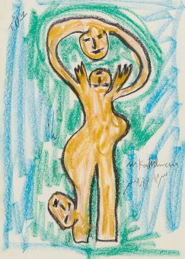 Menashe Kadishman (1932-2015), Figure and three heads: Menashe Kadishman (1932-2015) Figure and three heads Pastel on paper Signed in English and Hebrew in pencil lower right: M. Kadishman; inscribed in pencil upper left: "T"O 1" Sight: 15.5" H x 11.125"