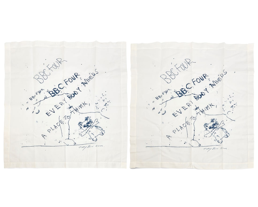 Tracey Emin (b. 1963), "Everybody Needs A Place To Think," 2002: Tracey Emin (b. 1963) "Everybody Needs A Place To Think," 2002 Each: screenprint on cotton handkerchief From the edition of 1500 With the printed signature, title, and date 2 pieces Each: 21.125" ?