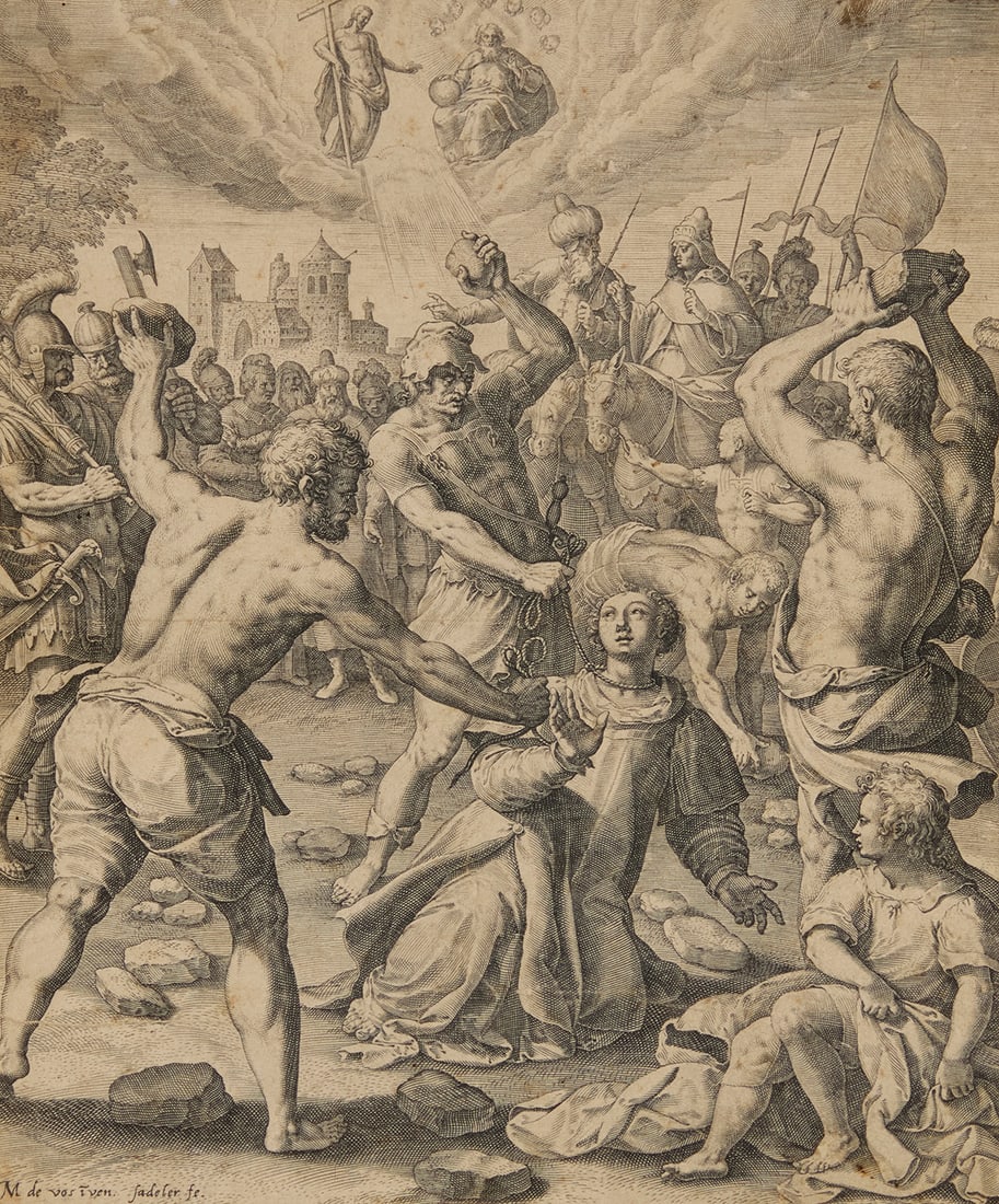Jan Sadeler I (1550-1600), "The Stoning of St. Stephen" from the series "Martyrdom of Five Saints,": Jan Sadeler I (1550-1600) "The Stoning of St. Stephen" from the series "Martyrdom of Five Saints," after Marten de Vos, 1580 Engraving on paper From the edition of unknown size and date, printed