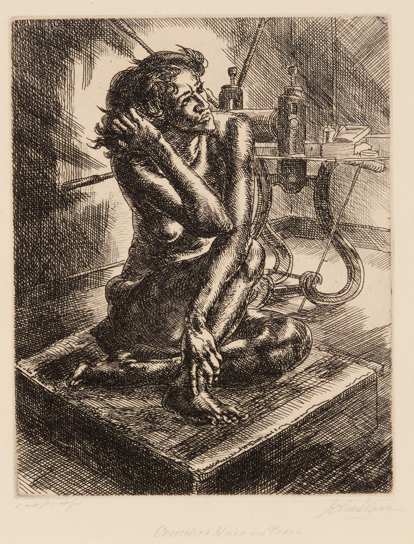 John Sloan (1871-1951), "Crouching Nude and Press, 1931": John Sloan (1871-1951) "Crouching Nude and Press, 1931 Etching on wove paper with an indistinct watermark From the planned edition of 100