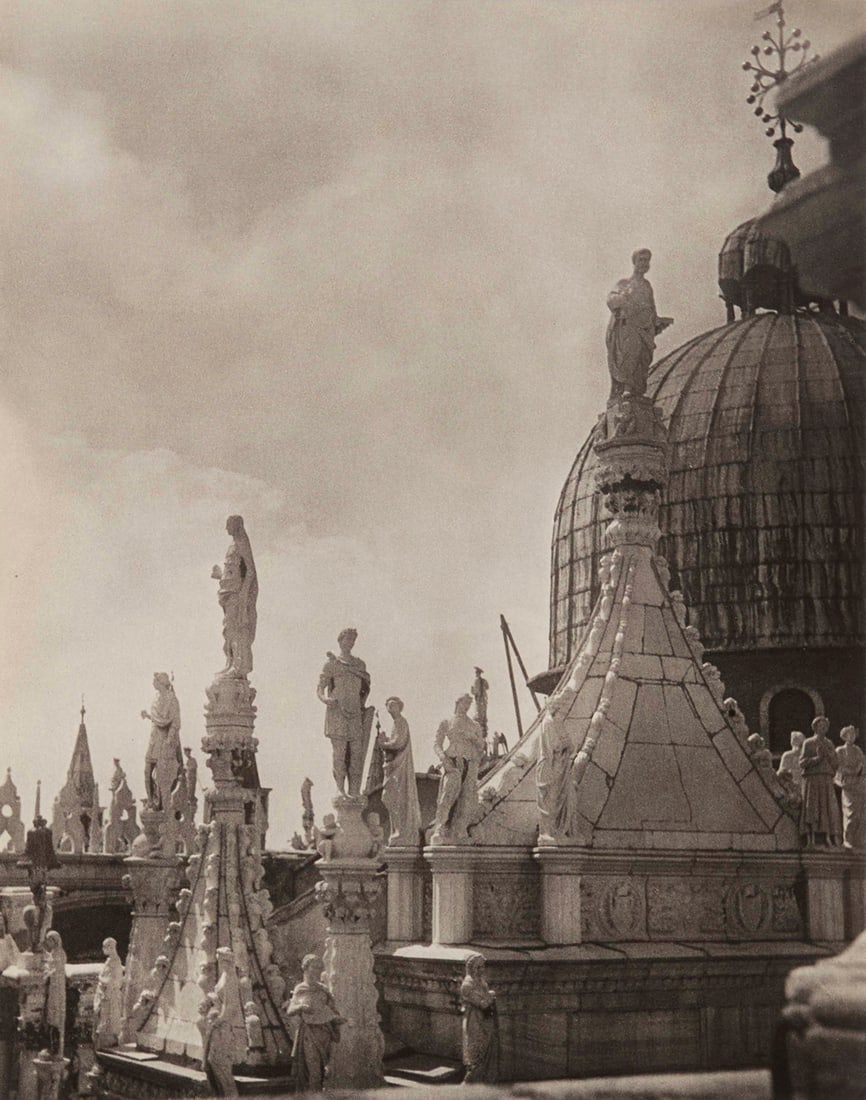 Laure Albin-Guillot (1879-1962), "Roof Top of French Church," circa 1950: Laure Albin-Guillot(1879-1962)"Roof Top of French Church," circa 1950Print on paperAppears unsigned; titled and dated on a typed label affixed to the frame's backing paperSight: 14.5" H x 11.5" W