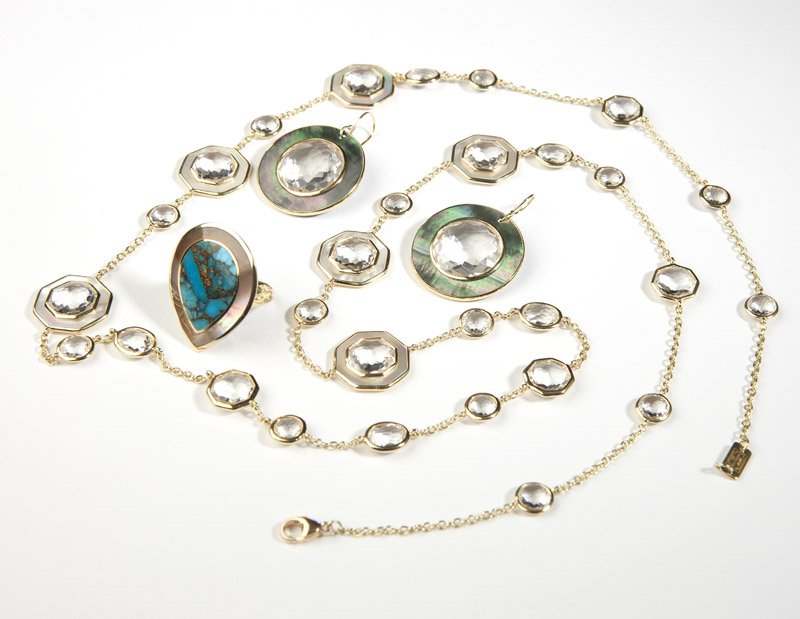 A collection of gem and gold jewelry, Ippolita: Signed Ippolita, the mother-of-pearl, crystal and 18K gold station necklace with a pair of black shell and crystal earrings and a composite blue stone and gold ring, 35'', size 7, 4 pcs, est: $1200/18