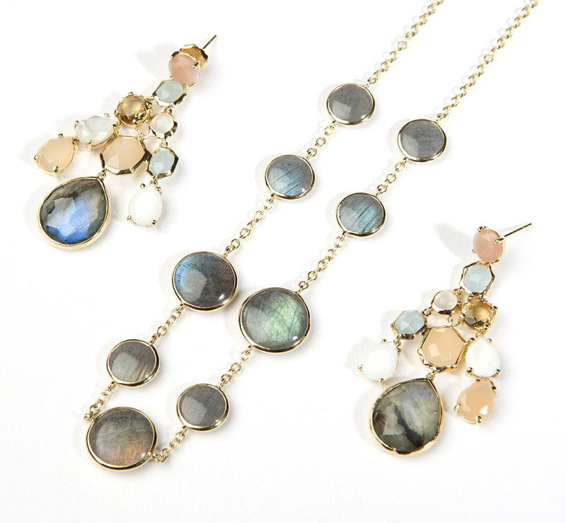 A pair of earrings and necklace set, Ippolita: Signed Ippolita, the labradorite, sunstone, mother-of-pearl, gem and 18K gold earrings with a labradorite and gold necklace, 18'', 3 pcs, est: $800/1200