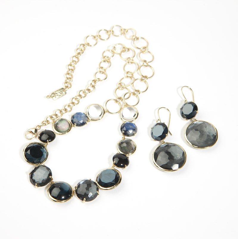 A black and blue gem and gold set, Ippolita: Signed Ippolita, the 18K gold necklace set with black, blue and colorless gem doublets together with a pair of matching earrings, 18'', 3 pcs, est: $1000/1500