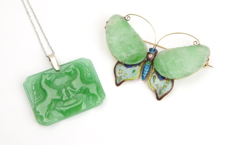 A collection of jade and gold jewelry: Comprising jadeite and 14K gold enamel butterfly brooch and a carved jadeite horse pendant with 14K white gold chain, 3 pcs, est: $600/800