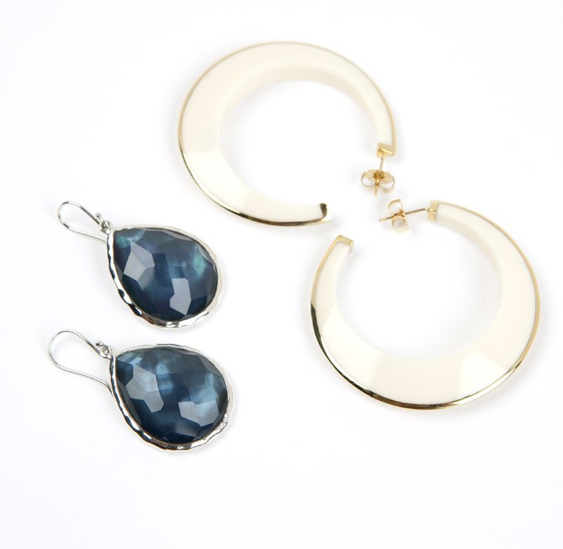 A group of resin & stone earrings, Ippolita: Signed Ippolita, comprising a pair of ivory resin and 18K gold hoop earrings, and a pair of blue stone and mother-of-pearl doublet and silver drop earrings; 4 pcs, est: $400/600