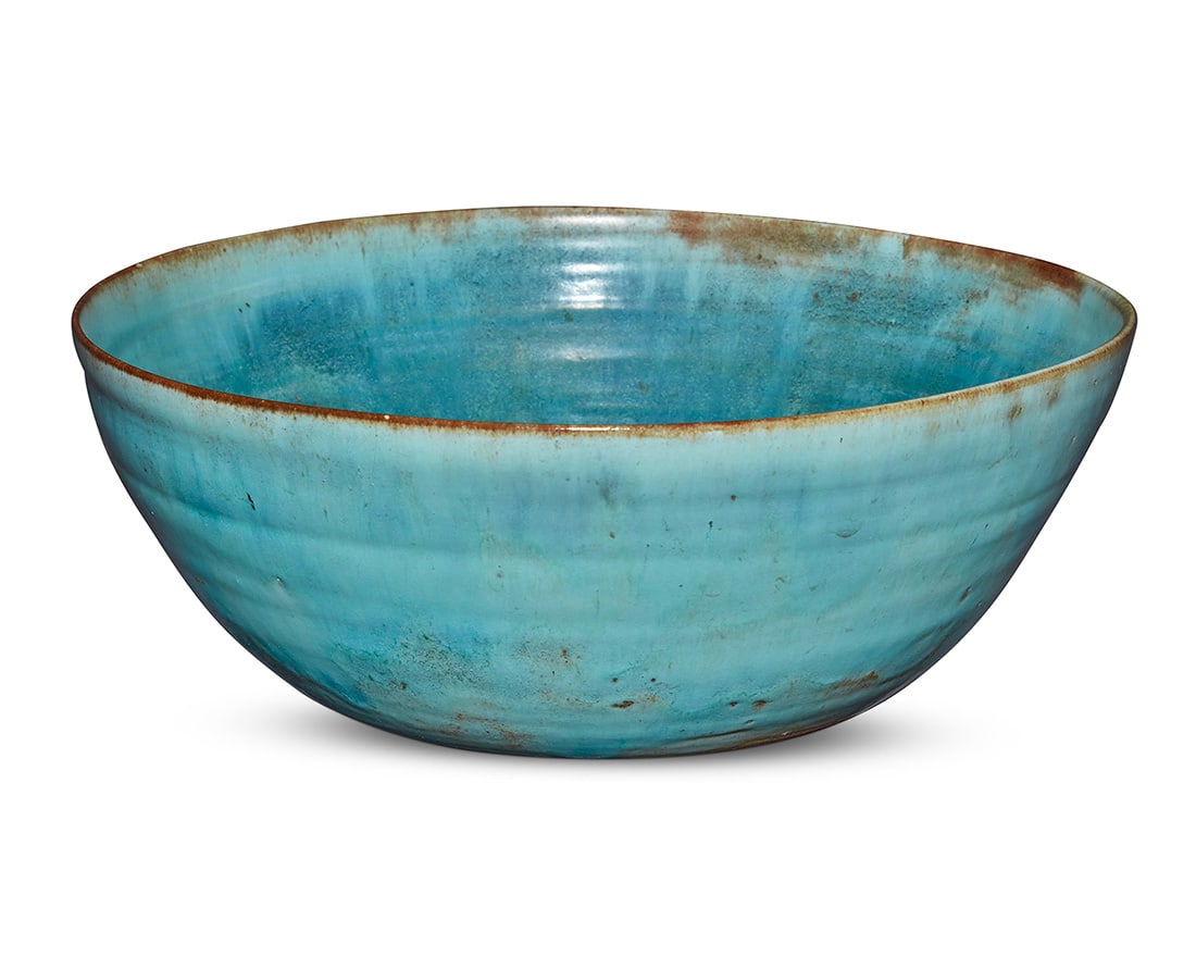 Beatrice Wood (1893-1998), A glazed earthenware bowl, mid-20th century: Beatrice Wood (1893-1998)A glazed earthenware bowl, mid-20th centurySigned to underside: BEATO5" H x 12.75" Dia., irregular Provenance:Private collection, Ojai, CA, acquired circa 1950s and 1960s, pos